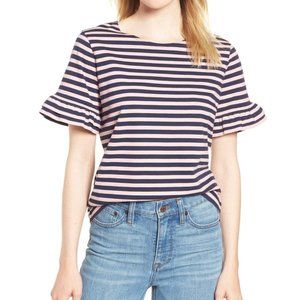 J.Crew Ruffle Sleeve Top in Blue and Pink Stripe